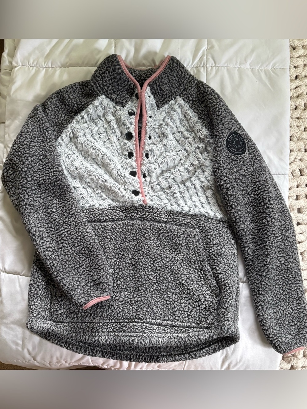 Simply Southern Gray Sherpa Pullover with White Chest and Pink Trim, Size S